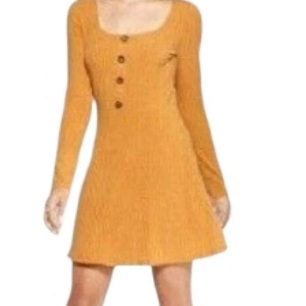 Wild Fable sz XL Ribbed Long Sleeve Button Fit Flare Dress Gold